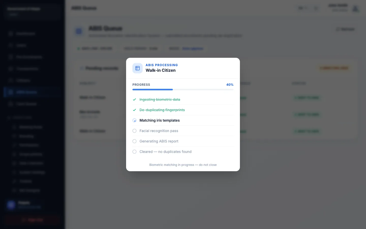 Polaris ABIS processing workflow for an identity enrolment